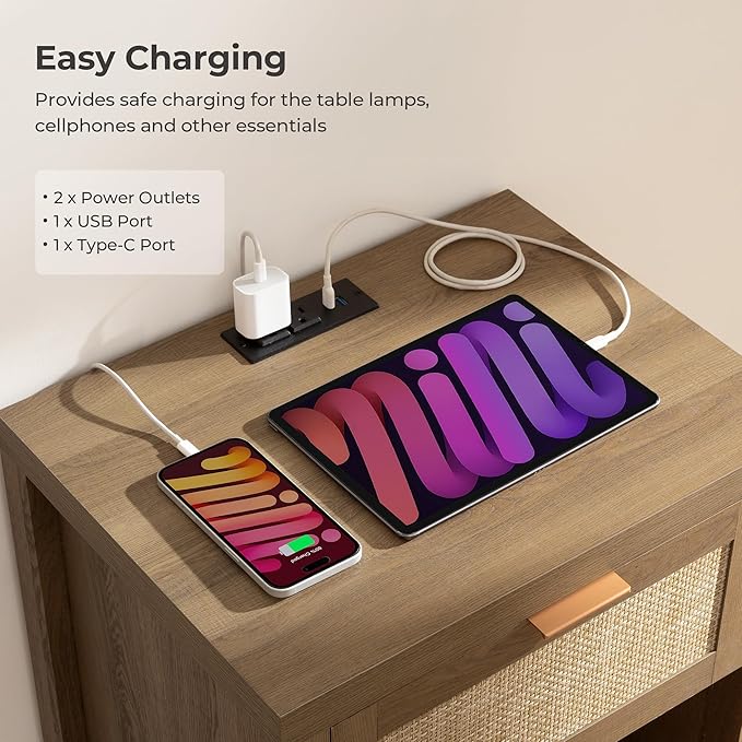 SICOTAS Nightstands Set of 2 with Charging Station Rattan Night Stand with Drawer Boho Bedside Table with USB and Type-C Ports Bed Side Tables for Bedroom Small Space, Oak