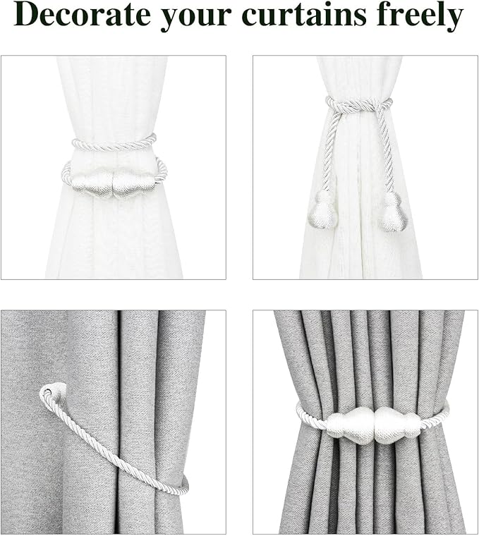Nieffeiy Magnetic Curtain Tiebacks Outdoor Curtain Tie Backs Rope Decorative Magnetic Curtain Holders for Drapes Window Treatment Holdbacks, White 6Pack