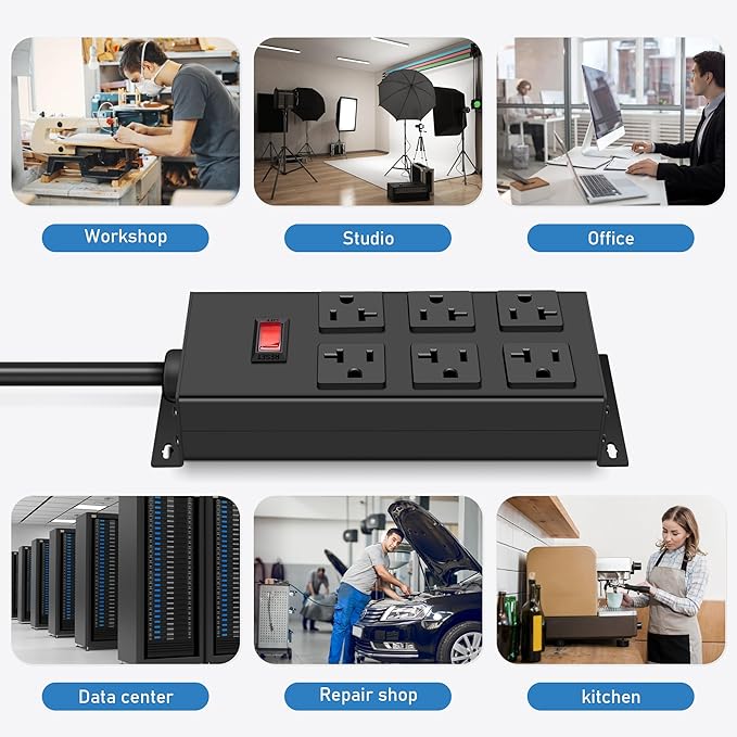 JUNNUJ Heavy Duty 20 Amp Power Strip, Garage 6 Outlets Metal 12 Gauge Surge Protector 3000J, High Amp 5-15P Adapter Shop 6-20R T-Slot Industrial (6AC, 15FT)