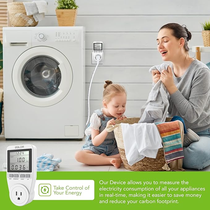 BALDR U.S. Electricity Usage Monitor for Home - Kilowatt Meter Sockets - Wattage Meter Plug In Appliances to Measure Energy Usage - Home Energy Monitor with Easy to Read Display - Home Power Monitor