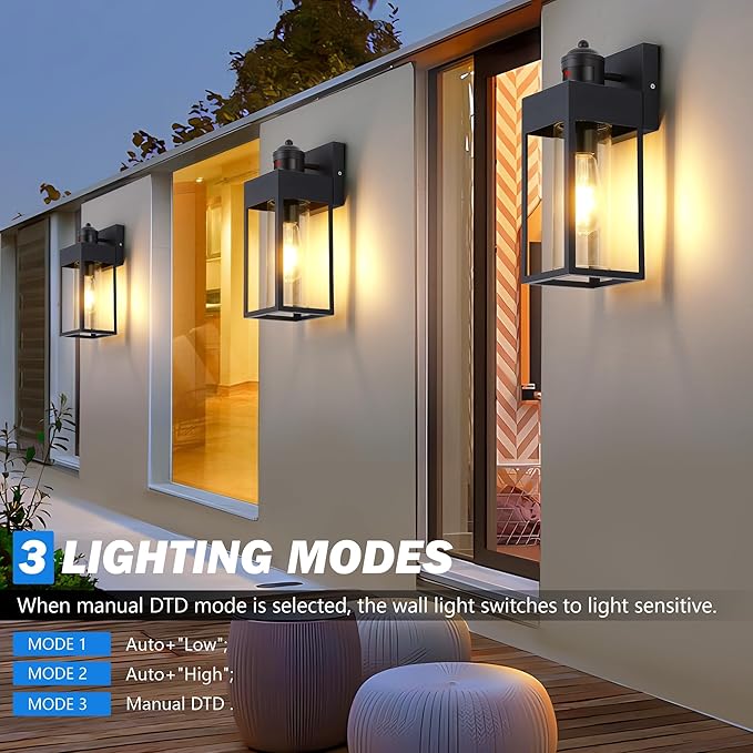 LWSOY Motion Sensor Outdoor Wall Lanterns 2 Packs, Upgrade Dusk to Dawn Exterior Light Fixture, 3 Lighting Modes, Waterproof Front Porch Lights for Garage Patio Garden House Entryway, Black.