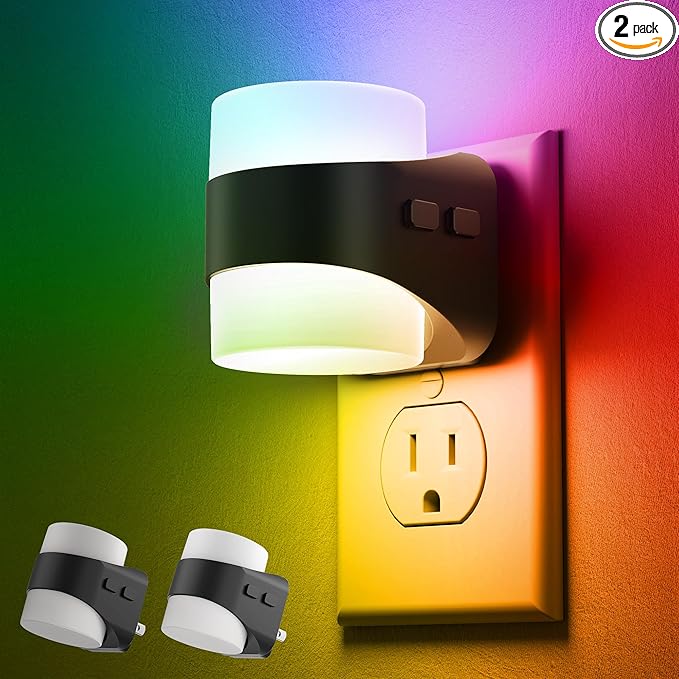 L LOHAS LED Colored Night Lights Plug into Wall, 3 Brightness Level, 1W Low Power Nightlight with Auto On/Off Sensor, Ideal for Living Room, Bathroom, Bedroom, Kids Room, 2 Pack