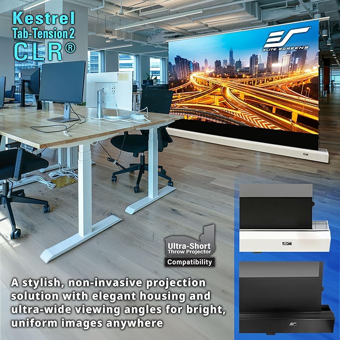 Elite Screens Kestrel Tab-Tension CLR, 121 inch 16:9, Ultra-Short Throw Ceiling Ambient Light Rejecting ALR Electric UST Floor-Rising Projection Motorized Front Projector Screen, FTE121UH3-CLR, Black