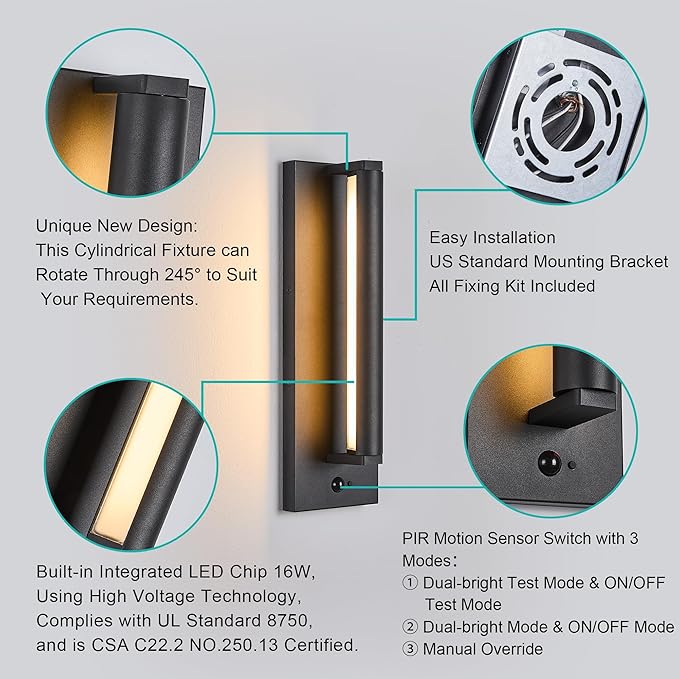 Tarentlight Modern PIR Motion Sensor Outdoor LED Wall Light, with a Rotatable Beam and 245° Adjustment, 3 Lighting Sensor Modes, IP65 Waterproof, Suitable for Porches, Balconies, Gardens, Garages.