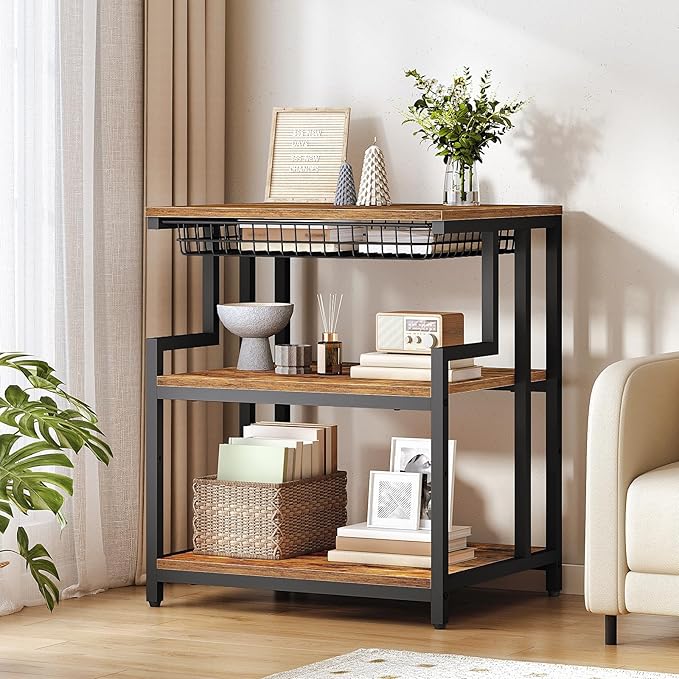 HOOBRO 23.6'' x 19.7'' Extra Large Printer Stand with Drawer, Printer Table with Adjustable Shelf, 3-Tier Printer Cart with Storage, for Heat Press Scanner Fax, Rustic Brown and Black BF10PS01