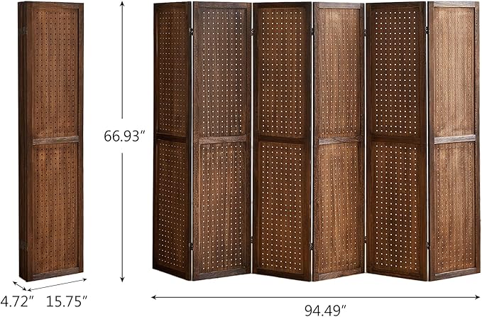Asnefeli 6 Panel Pegboard Display with 24 Hooks, Wood Room Divider Wall, 5.6Ft Folding Privacy Screen Divider Room, Portable Freestanding Wall Organizer for Bedroom Reading Room(Dark Brown)