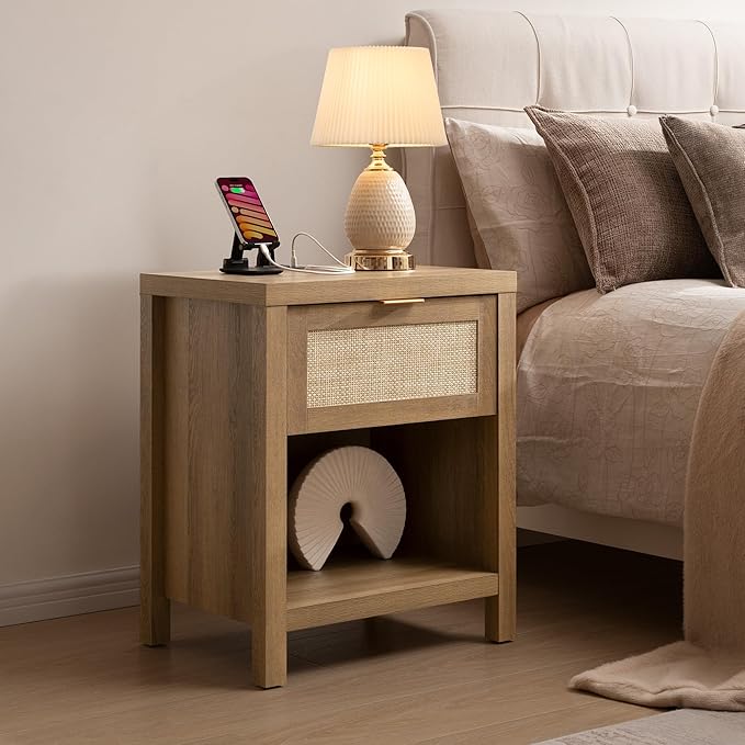 SICOTAS Rattan Night Stand with Charging Station - Farmhouse Nightstand with Type-C and USB Ports, Boho Accent Bed Side Table with Drawer and Open Shelf for Bedroom Small Space, Oak