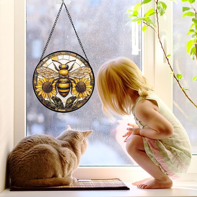 DASTOLL Stained Glass Window Hanging - Bee Sunflower Yellow Suncatcher Ready to Hang Window Doors Home Decoration and Christmas, Mother's Day Birthday Gifts for Women, Men, and Mom 7.8x7.8 in