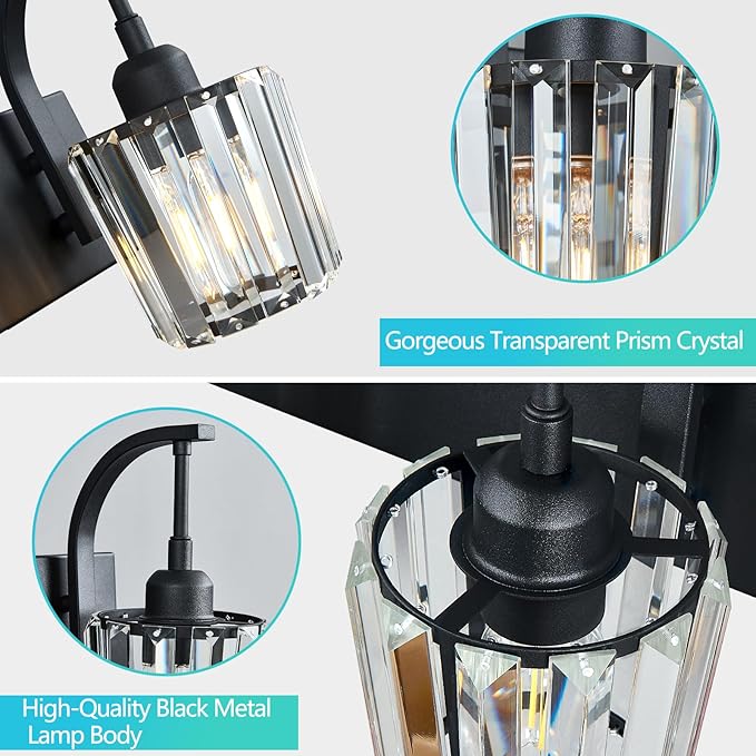 FDPBY Modern Bathroom Vanity Light, 5-Light Black Wall Sconce with Crystal Accents, Over Mirror Bathroom Lighting Fixture, 42.51" Long Dimmable Vanity Lamp for Makeup, Easy Installation