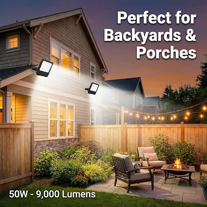 XXBSAZ 50W LED Flood Lights Outdoor, Plug-in & Hardwired Security Lights, IP66 Waterproof 6500K Daylight for Porch, Shed & Small Outdoor Areas (2 Pack)