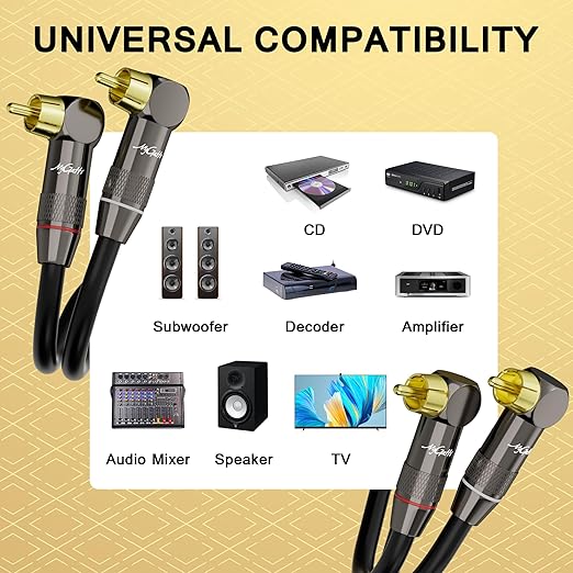 Right Angle RCA Cable 40 FT, 90 Degree 2RCA to 2RCA Stereo Audio Cable, Zinc Alloy Shell, Gold-Plated Plug, 2 RCA Audio Cord, for Home Theater, Subwoofer, HDTV, Amplifier, Hi-Fi System, Car, Speaker