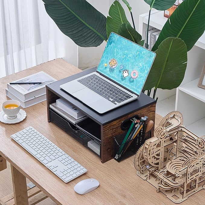 Xmoddes Printer Stand,Desktop Printer Stand with 2-Tier Storage Shelves for Home Office，Desk Organizer with Drawer and 2 Pen Holders for Fax Machine Scanner Files