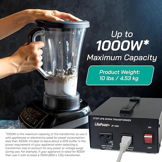 LiteFuze 1000W Step-Up/Step-Down Transformer with Dual Sockets - Premium Copper Coil, Noise Reduction, and Circuit Breaker Protection (JP-1000)