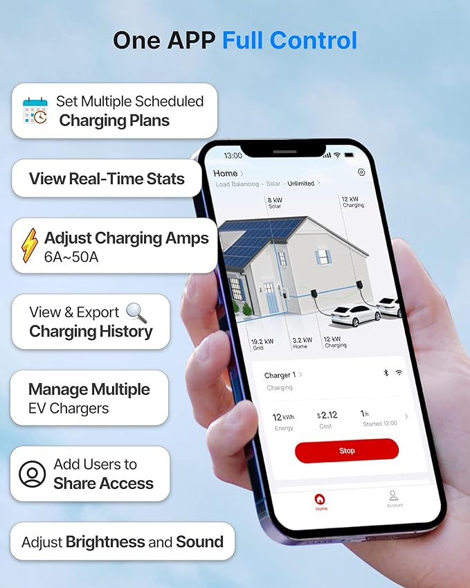ELECQ Home EV Charger Level 2, Active Load Management, Solar Charging Modes, OCPP Compatible & Future-Proof, 50A Hardwired EVSE with J1772 Connector