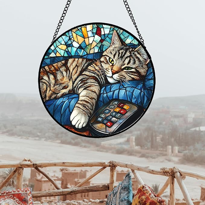 DASTOLL Stained Glass Window Hanging Gray Cat and Remote Control 9.8" - Suncatcher Door Garden Kitchen Sun Catcher Home Decor Birthday for Lost Pets Mom Men Woman Friend Grandma