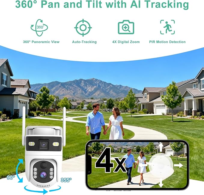 Kweiugfi 4G LTE Cellular Security Camera Dual Lens Outdoor,180-Day Unlimited Data,2K Wireless Solar Security Camera,360° Pan and Tilt,PIR Motion,Sensor Color Night Vision,Built-in VSIM,64GB SD Card