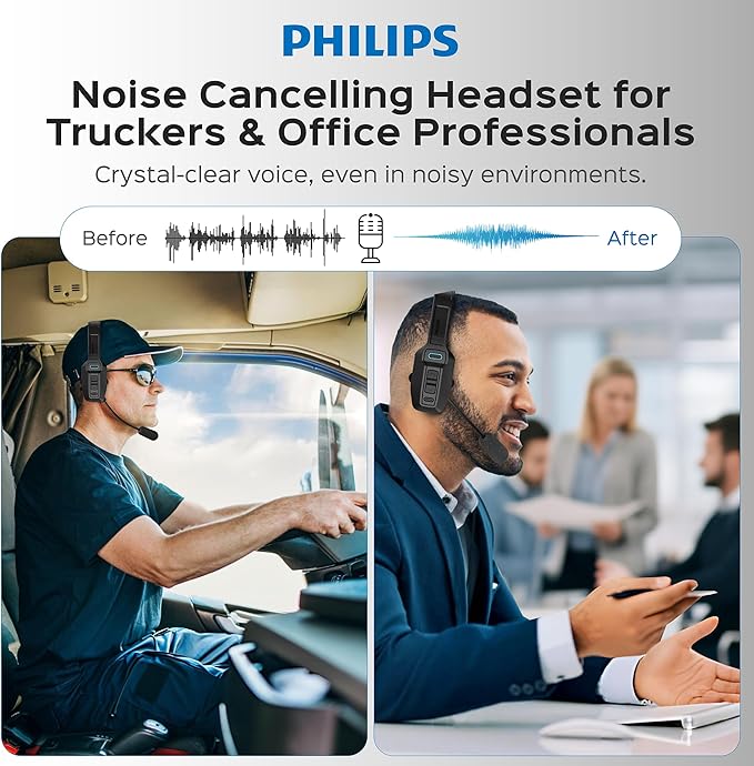Philips Trucker Bluetooth Headset with Mic, Wireless Single Ear Trucker Headset with AI Noise-Canceling Microphone & Mute Button, All Day Extended Playtime, Headphones for Truck Drivers, Home, Office