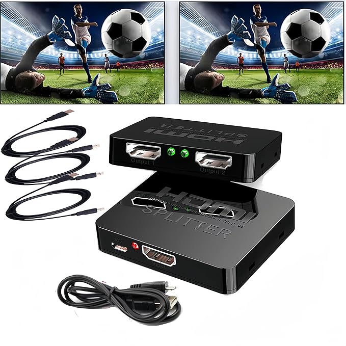 HDMI Splitter 1 in 2 Out【with 3HDMI Cables + 1USB Strip Power Cable 】 1×2 Power HDMI Splitter/Distributor 2 Ports for Dual Monitors Copy/Mirror Support 4K@30Hz 1080P Full HD 3D LED PS3/4 etc