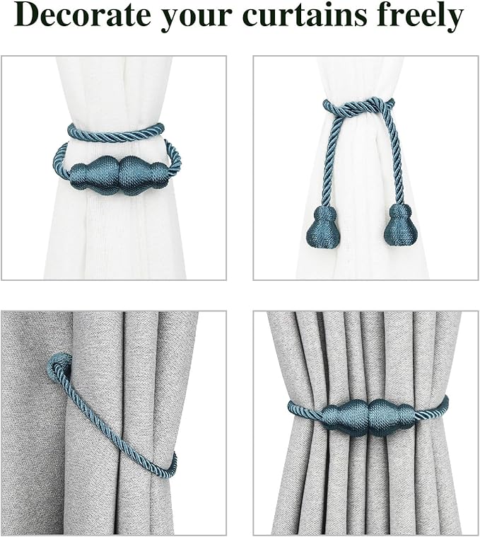 Nieffeiy Magnetic Curtain Tiebacks Outdoor Curtain Tie Backs Rope Decorative Magnetic Curtain Holders for Drapes Window Treatment Holdbacks, Blue 4Pack