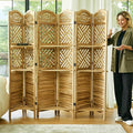 Svimi Room Divider with Shelves, 68.9inch Wood Carved and Louvered Wall Divider Freestanding, 6 Panels Folding Partition Screen for Bedroom Home Office (Natural)