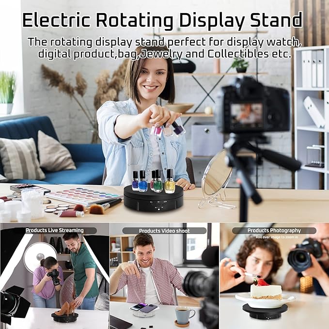 JAYEGT 3 in1 Motorized Rotating Display Stand with 5.74 /7.08/ 8.66 inch Replacement Cover，Max 22lbs Load，360 Electronic Turntable for Photography Products (3 in1 / Black/ With Remote controller)