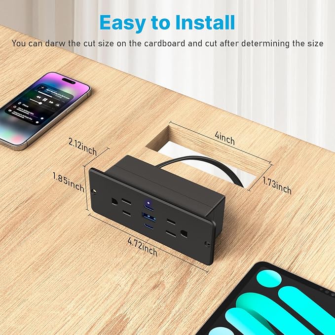 CCCEI Recessed Power Strip with Outlet and 65W USB C Ports, Furniture Flush Mount Power Strip, Small Desk Hidden Outlet for Conference Table, Nightstand, Black, 6FT.