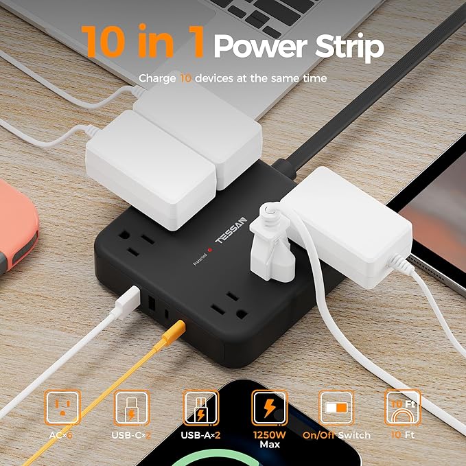 TESSAN 10Ft Black Extension Cord with Multiple Outlets, Flat Plug Surge Protector Power Strip with 6 Outlets and 4 USB Ports (2 USB C), PD 20W Fast Charger, 2100J Protection, for Home, Office, Dorm