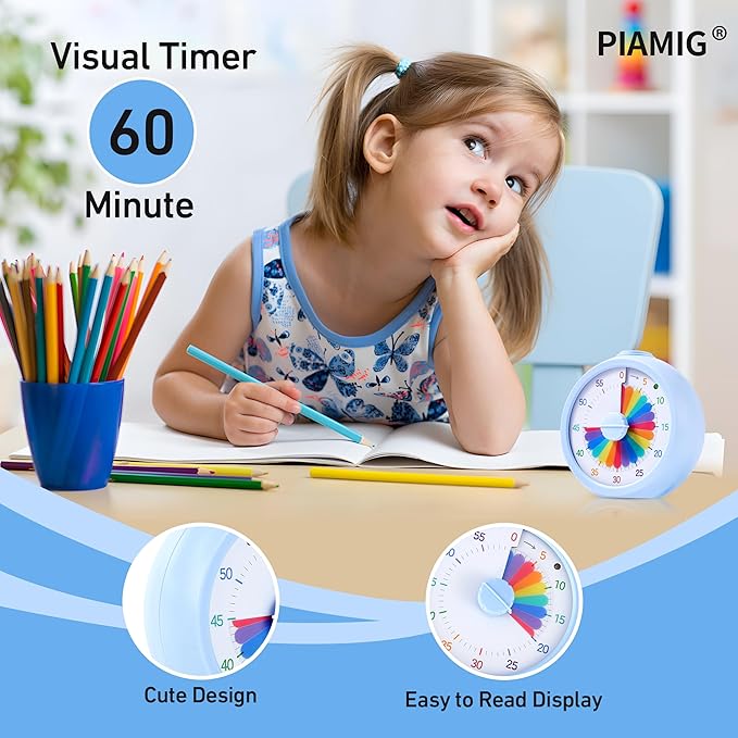 PIAMIG Visual Timer, 60-Minute Countdown Timer for Kids and Adults with Adjustable Volume, Rainbow Design Time Management Tools with Silent Operation, Suitable for Classroom, Office and Home (Blue)