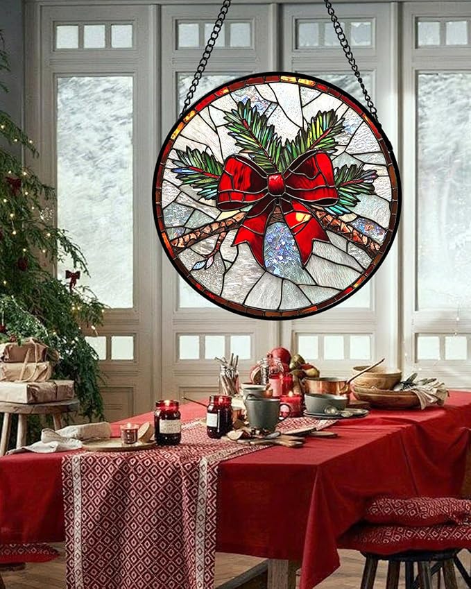 DASTOLL Stained Glass Window Hanging - Pine Branches Red Bow Suncatcher for Doors Home Christmas Decoration Silver Sun Catcher Thanksgiving New Year Birthday Gifts for Women Men Mom Nana 9.8 in