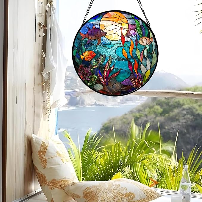 AMDERVEN Stained Glass Window Hanging - Blue Ocean World Small Fish Coral Sun Catcher for Door Garden Home Decor Sea Suncatcher Christmas Mother's Day Birthday Gifts for Women Men Mom Nana 15 in