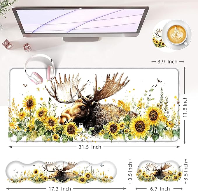 BFUKVOU Large Keyboard Mouse Pad Set, Extended Mouse Pad+Keyboard Wrist Rest Support, Memory Foam Ergonomic Easy Typing, 4Pcs (31.5×11.8 in) Desk Pad Set for Office Home,Deer and Sunflowers