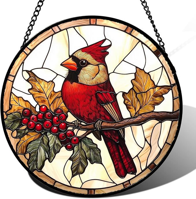 DASTOLL Stained Glass Window Hanging, Birds on a Branch Cardinal Sun Catchers Diamond Glass Panel Hangings Suncatcher Decor for Birthday for Women, Men, Wife, Aunt, and Mom 14.9x14.9 in