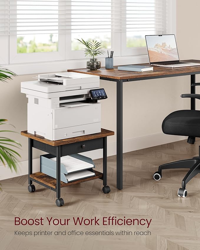 VASAGLE Heavy-Duty Printer Stand with Locking Wheels, 2-Tier with Drawer Industrial Mobile Cart with Storage Shelf, Printer Table for Home, Office, 15.6" Height, Rustic Brown and Black UOPS004B01