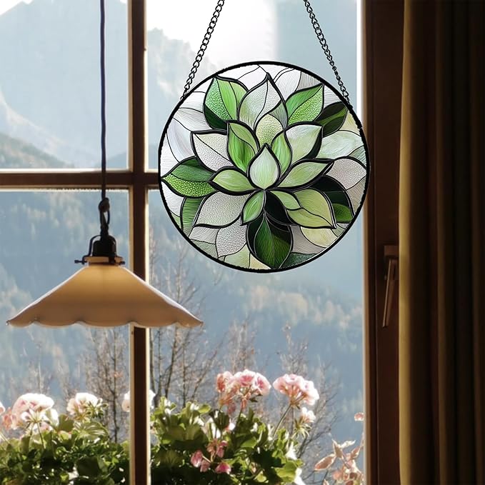 CRISGIF Stained Glass Window Hanging - Ireland Green Plants Suncatcher for Doors Garden Succulent Sun Catchers Decor Mother's St. Patrick's Day Birthday for Women Men Mom Nana 7.8 in