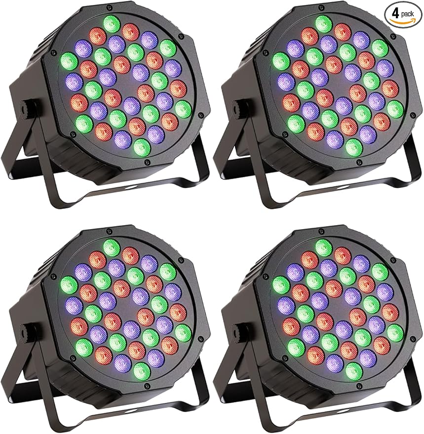JAJALUYA LED Par Lights 36 LED Stage Lights 7 Modes RGB DJ Lights with Sound Activated Remote and DMX Control DJ Uplighting for Birthday Party Events Wedding Christmas Stage Lighting (4 Packs)