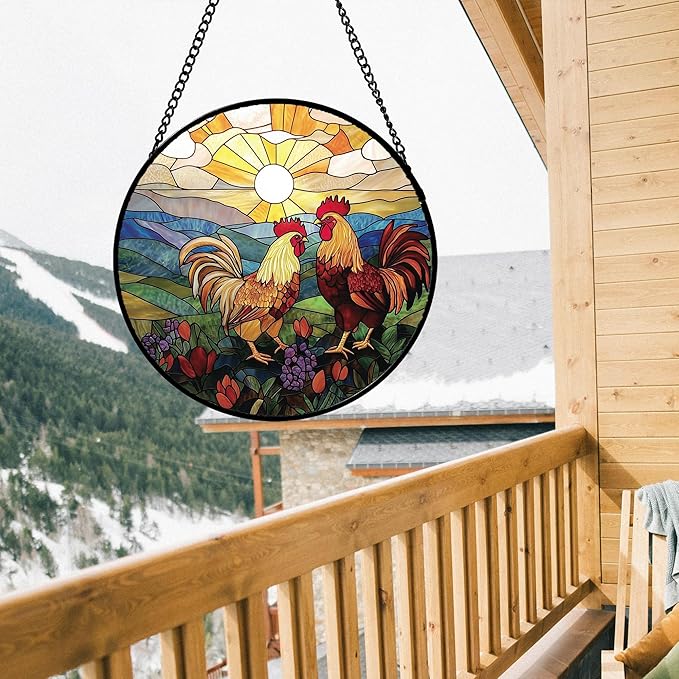 AMDERVEN Stained Glass Window Hanging, Countryside Scenery Chicken Sun Catcher for Door Home Decor Sunrise Suncatcher Christmas Mother's Day Birthday Gifts for Women Men Mom Nana 11.8 in