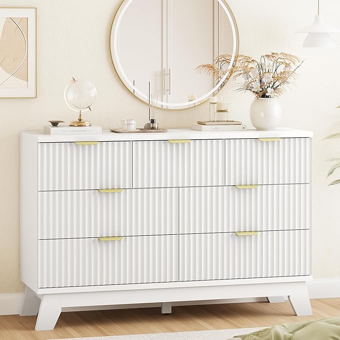 Xixini Fluted Dresser for Bedroom with 7 Drawers, 48" Wide Modern Chest of Drawers with Metal Handle, Wooden Dresser TV Stand, Wood Closet Clothes Storage Organizer for Living Room, Hallway, White