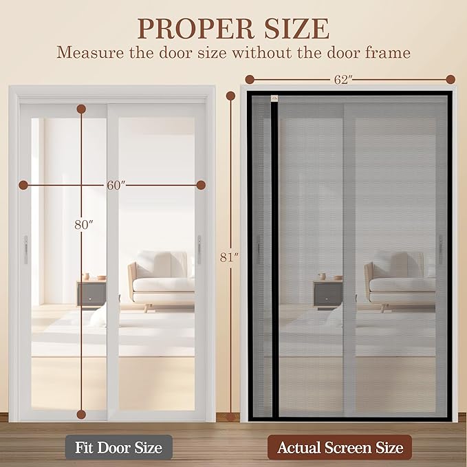 Yotache Left Right Side Universal Opening Magnetic Screen Door Fits Door Size 60 x 80, Reinforced Sewing Net Curtain for Balcony, French, Sliding Glass Door, Actual Screen Size 62" x 81"