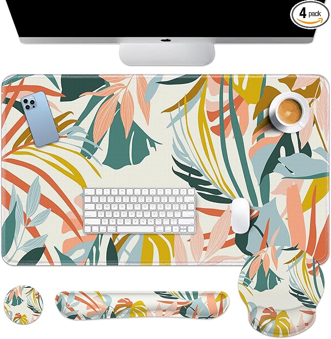 Britimes Bohemian Rainforest Keyboard Mouse Pad Set 4in1 Large Mousepad+Keyboard Wrist Rest+Mouse Wrist Rest+Coaster Set with Ergonomic Design for Home Office Computer 35.4x15.7 inches