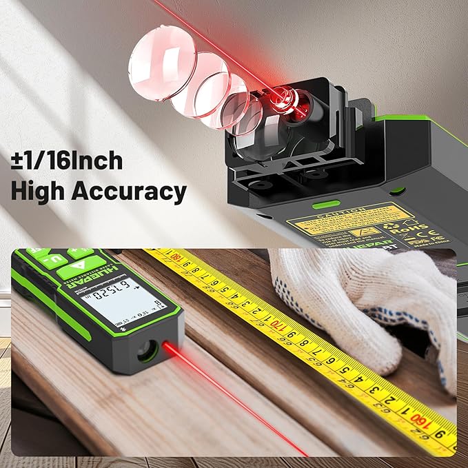 Huepar Laser Distance Measure 395Ft. Digital Rechargeable Laser Measuring Tool with Bluetooth -Phone APP, Angle Sensor, 1/16in Accuracy, M/in/Ft Unit, Pythagorean Mode, Measure Distance, Area, Volume