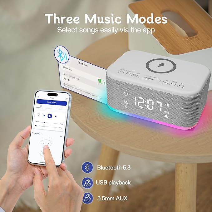 Bluetooth Alarm Clock Radio Bedroom, Digital Dual Alarm Clock Bedroom, Up to 10 Alarms Clock Night Light Speaker App/Button Control FM Charge Snooze Adjustable Brightness Dim 12/24H, Grey