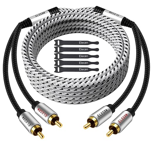 Elecan Premium RCA Cable 8 Ft (Hi-Fi Sound-16 AWG-Shielded) 2 RCA Male to 2 RCA Male Stereo Audio Cable, Gold Plated-Aluminum Alloy Shell-Pure Copper-Braided RCA Cord for Home Theater Speakers + Ties