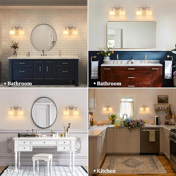 Shenmoyl Bathroom Light Fixtures, 2-Light Vanity Wall Light Over Mirror with White Tulip Glass Shade for Bedroom Living Room (Bulb Not Included), Satin Nickel