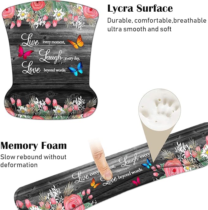 Keyboard Wrist Rest and Mouse Pad Wrist Support Set with Coasters, Non-Slip PU Base Ergonomic Gaming Mousepad for Home Office Working Studying Easy Typing & Pain Relief, Floral Quote Live Laugh Love
