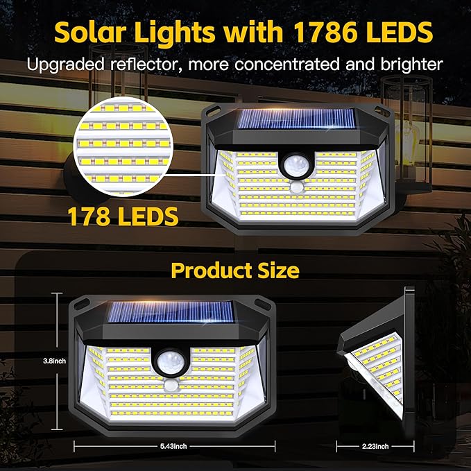 FAXBOX Solar Lights Outdoor Motion Sensor, 178 LED 300LM Waterproof IP65, Wall Mounted Security Light with 3 Modes, 270° Wide AngleWide Angle, Solar Powered for Garden, Yard, Patio, Front Door(4Pack)