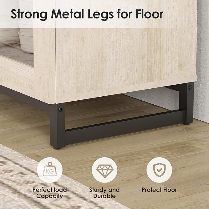 WAMPAT Modern TV Stand with Glass Doors for 32-40 inch TVs, Entertainment Center Console with Adjustable Shelves and Metal Base for Living Room, Bedroom, Light Oak