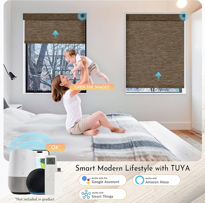 Persilux Smart Motorized Blinds with Remote, No Drill Automatic Roller Shades for Indoor Windows, Blackout Linen Fabric, Electric Blinds for Windows, Nature Brown C153BO-11, Custom Size