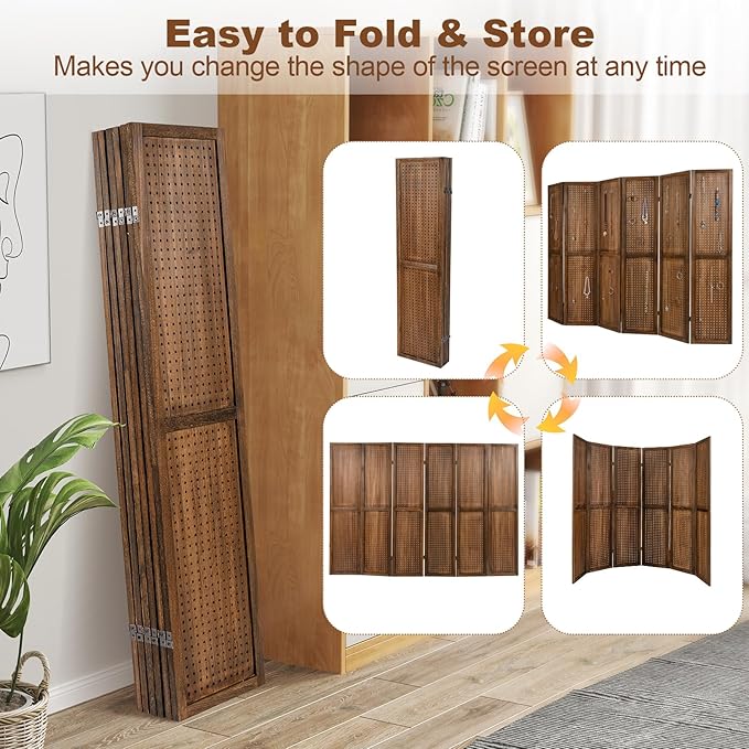 Giantex 6 Panel Pegboard Display & Room Divider, 5.6FT Folding Pegboard Stand for Crafting Show Jewelry Retail, Freestanding Privacy Screen, Wooden Partition Wall Divider for Room Separation, Brown