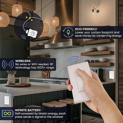 RunLessWire 4-Way Battery-Free DIY Wireless Light Switch Kit 150ft RF Range Self-Powered by Kinetic Energy for Hallways & Stairways: 3 Remote Switches Control 1 5A On/Off Receiver – White