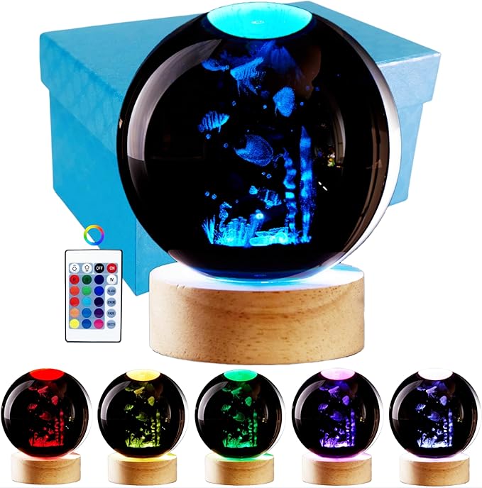 Conalisk 3D Underwater World Crystal Ball Lamp,Lifelike LED Fish Crystal Night Light,16 Colors Changing Light,Dimmable Remote Control,Desk Ocean Lamp (N)